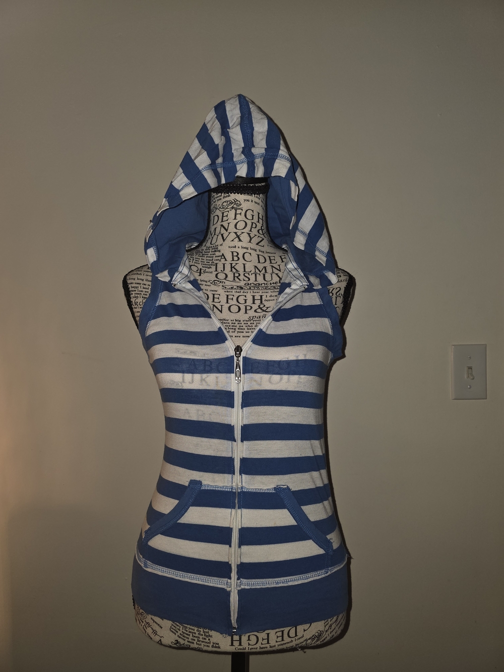 Striped Sleeveless Hooded Zip Tank - Blue & White